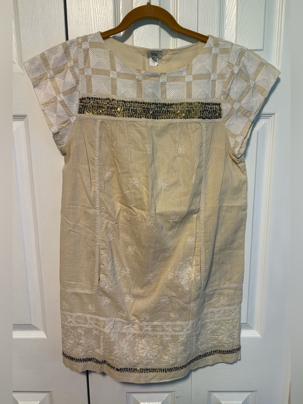 Anthropologie Hoss Intropia Cream Embroidered Shift Dress with Sequin Trim
